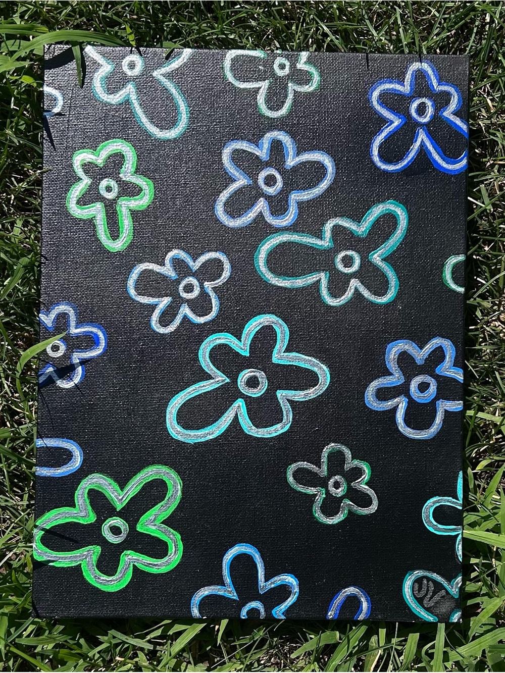 Hand Painted Blue & Green Flowers with Silver Outline Painting - 9”x12”